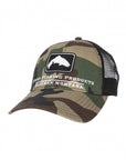 Simms Trout Icon Trucker by Simms Fishing Products camo cap with trout patch, mesh back, and adjustable snap for fly fishing fans