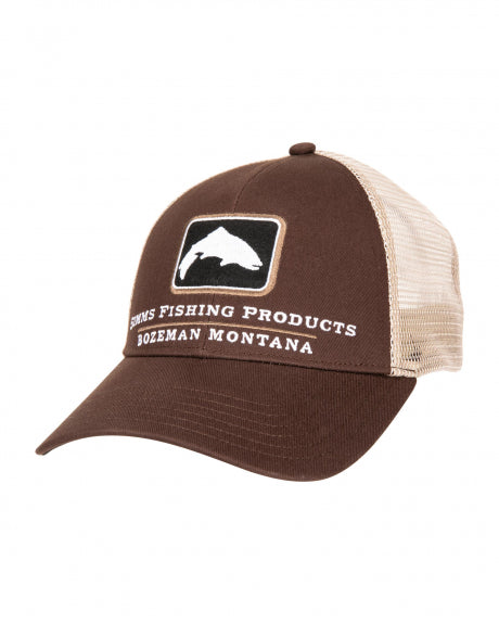 Simms Trout Icon Trucker by Simms Fishing Products with low crown fit, mesh back, and adjustable snap closure for fly fishing fans