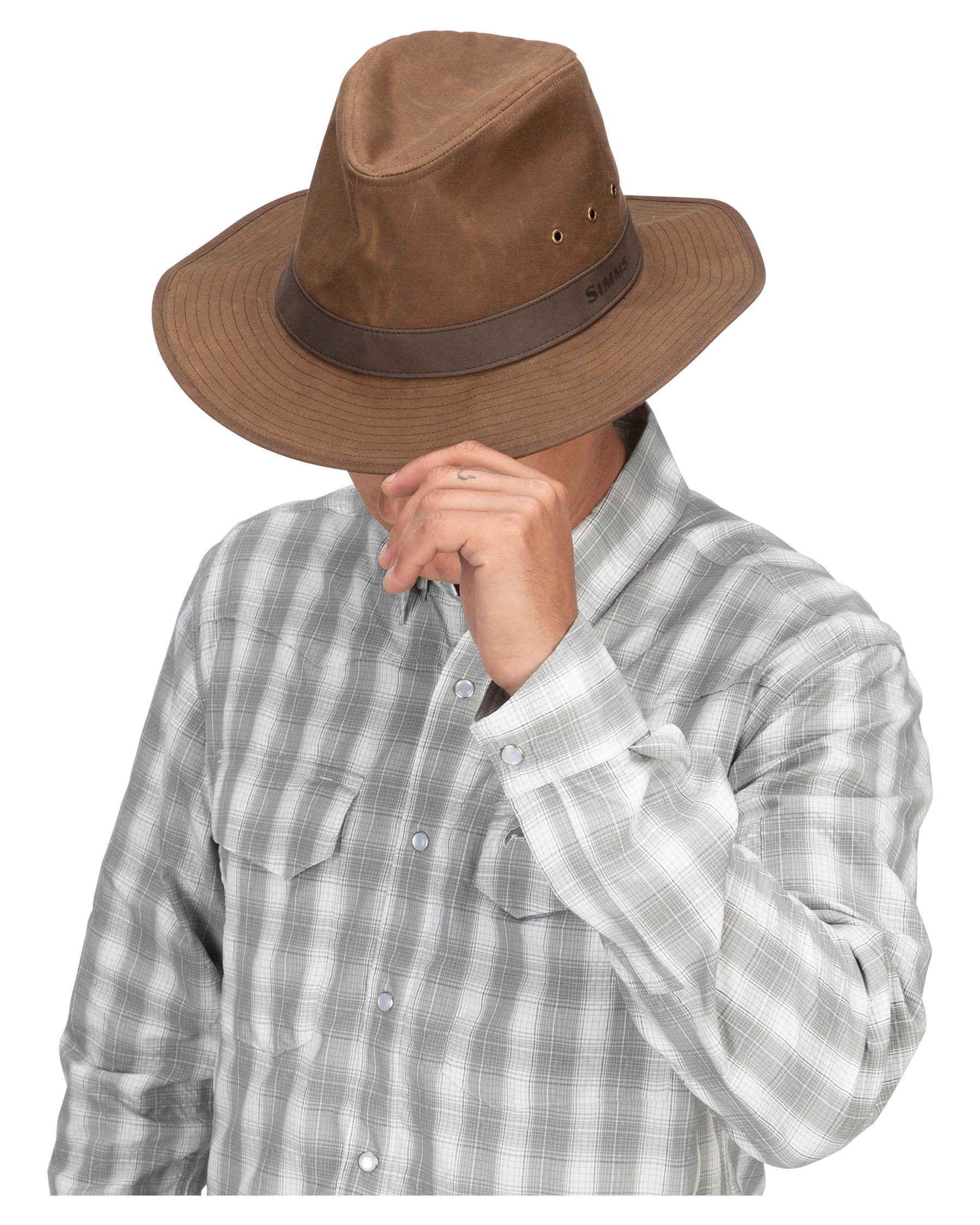 Simms Guide Classic Hat by Simms Fishing Products worn with plaid shirt for fly fishing apparel at Freestone Fly Shop