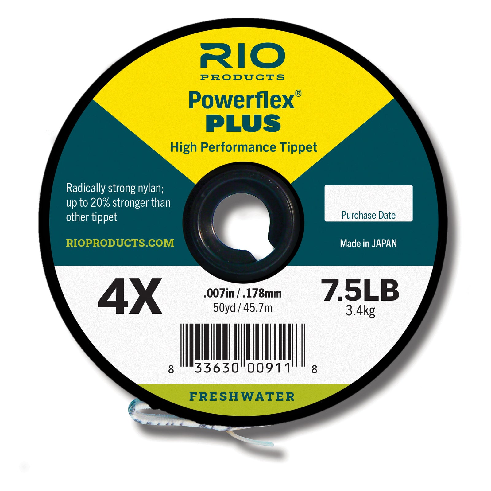 Rio Powerflex Plus Tippet spool showing 4X size, 7.5LB test strength, and 50-yard freshwater nylon leader line