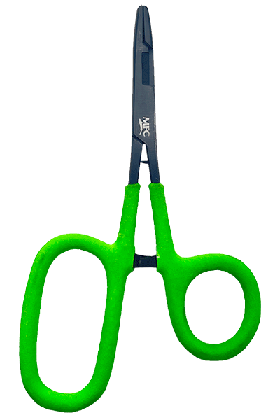 MFC Hot Grips 5 1/2" Scissor Clamps with bright green rubber grips by Montana Fly Company at Freestone Fly Shop