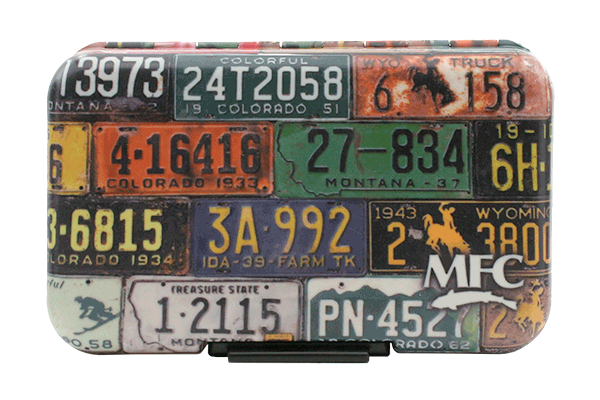 MFC Poly Fly Box by Montana Fly Company featuring vintage Western license plate collage at Freestone Fly Shop