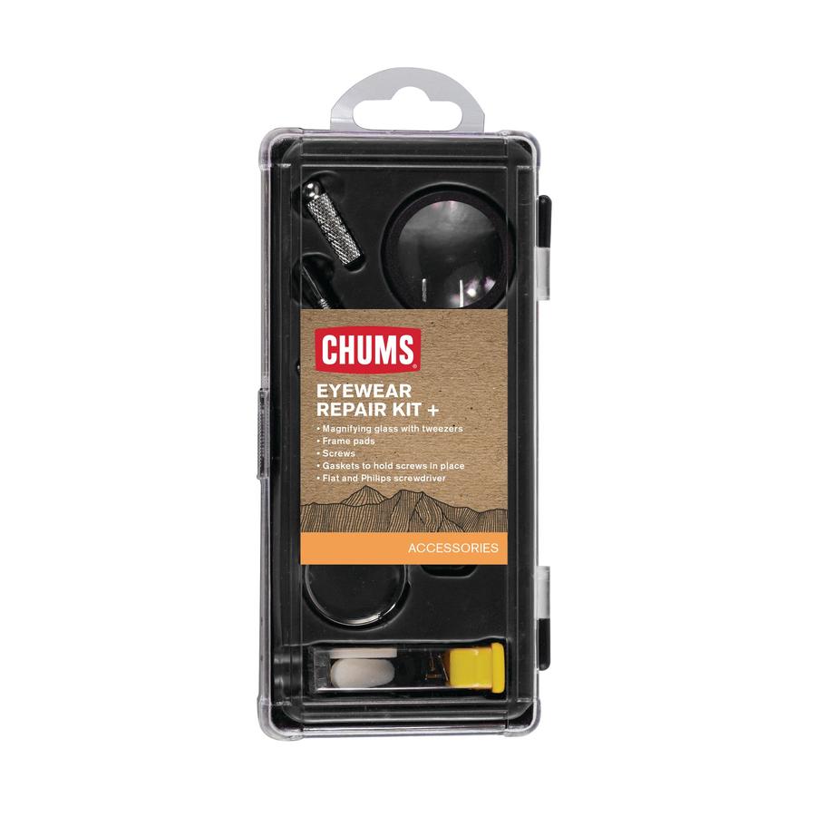 Chums Eyewear Repair Kit with magnifying glass, tweezers, screwdrivers, and tools for eyewear maintenance and adjustment