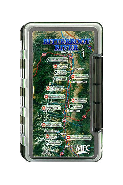 MFC River Map Waterproof Fly Box - Large with Bitterroot River Montana map and secure locking closure for fly fishing gear storage