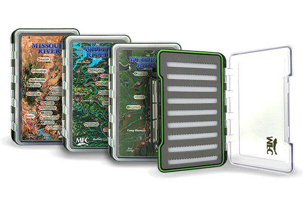 MFC River Map Waterproof Fly Box - Large showing detailed river maps and foam insert for organized fly fishing storage