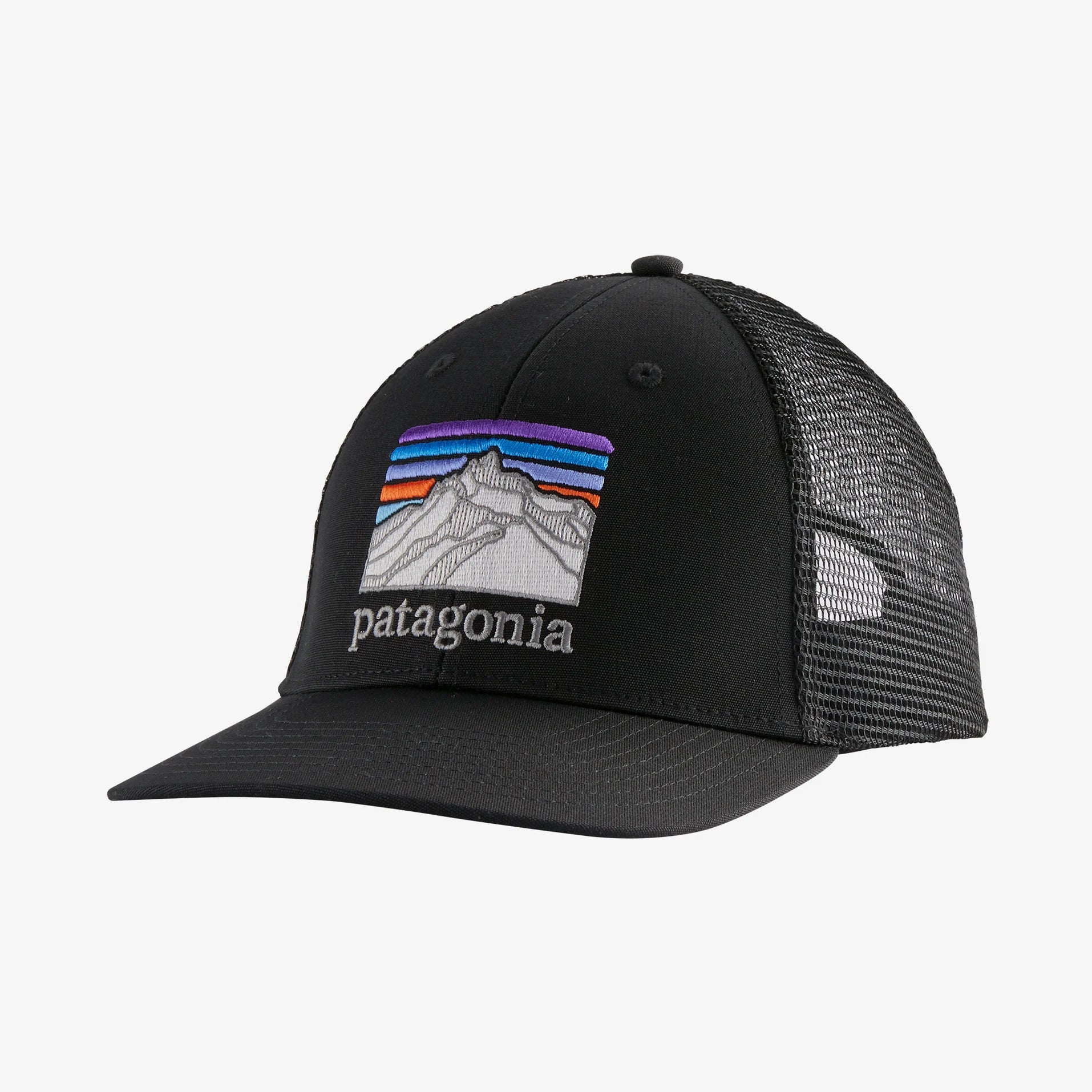 Patagonia Line Logo Ridge Hat in black mesh-back with colorful mountain embroidery at Freestone Fly Shop