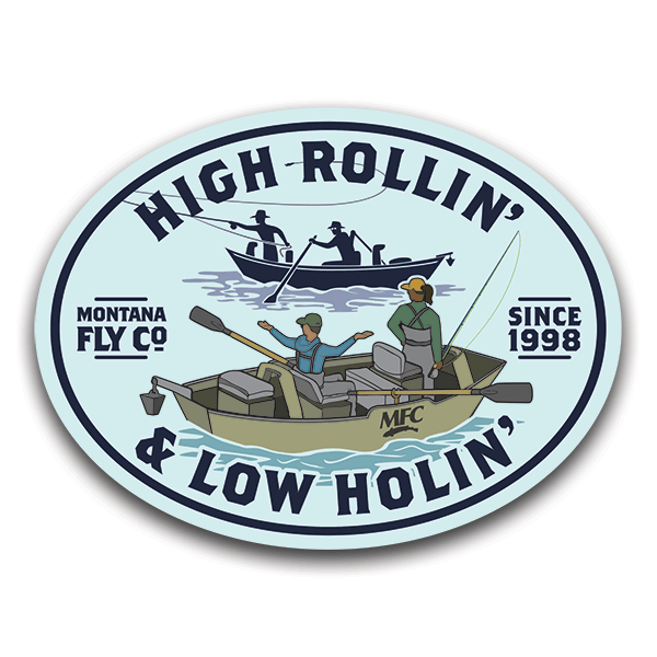 Montana Fly Company Stickers featuring fishing boats and anglers with vintage style slogan at Freestone Fly Shop
