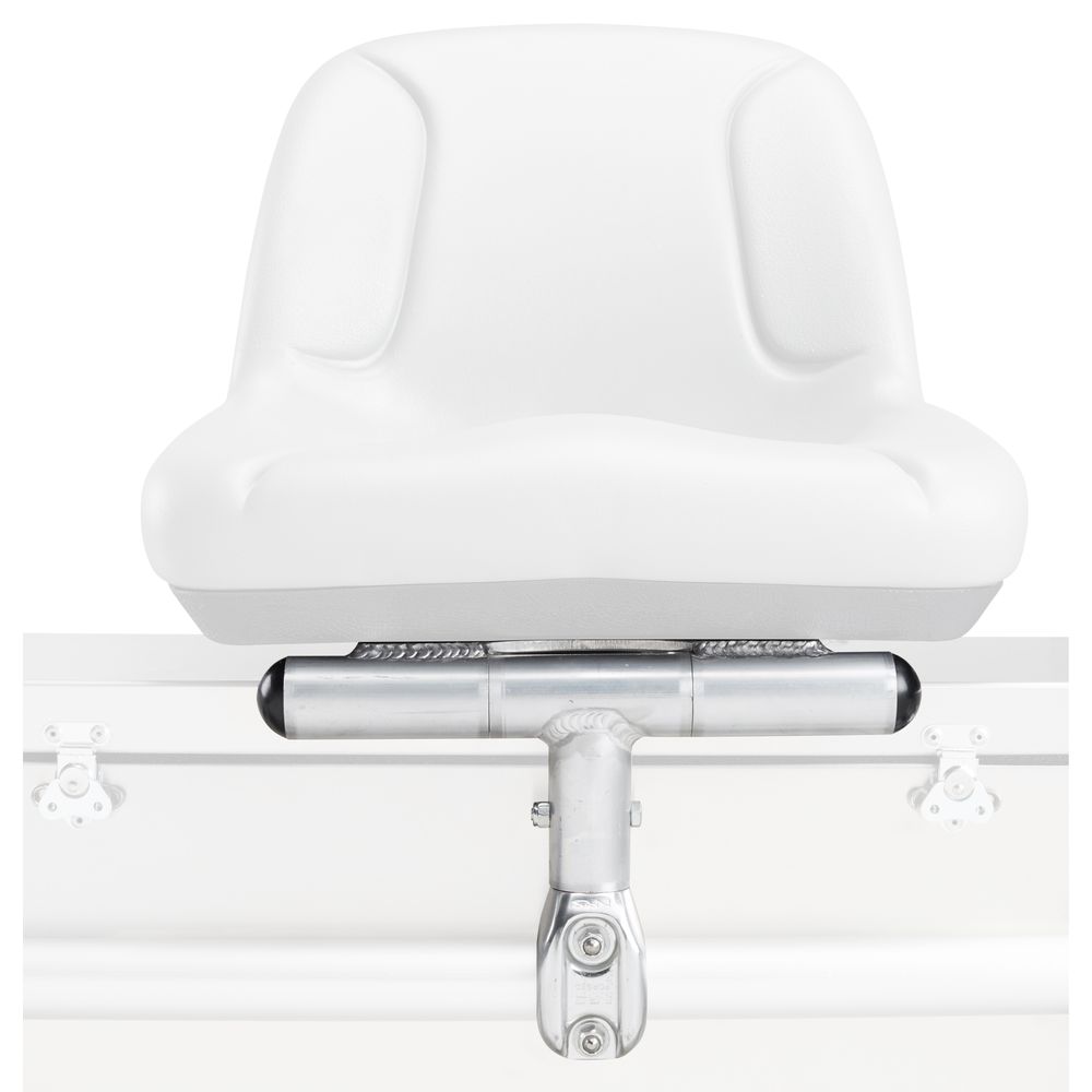 NRS Flip Seat Mount with white padded seat and aluminum frame for comfortable fishing seat at Freestone Fly Shop