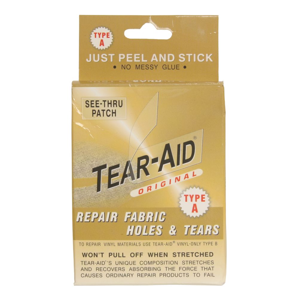 Tear Aid (Type A) repair patch for fabric holes and tears with a see-through, flexible, peel-and-stick design