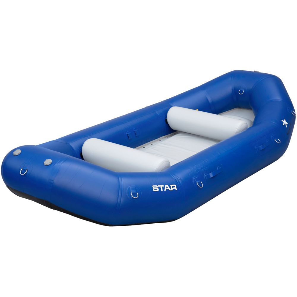 Star Outlaw 13' Self Bailing Raft in blue with inflatable side tubes and sturdy floor for fishing and float trips