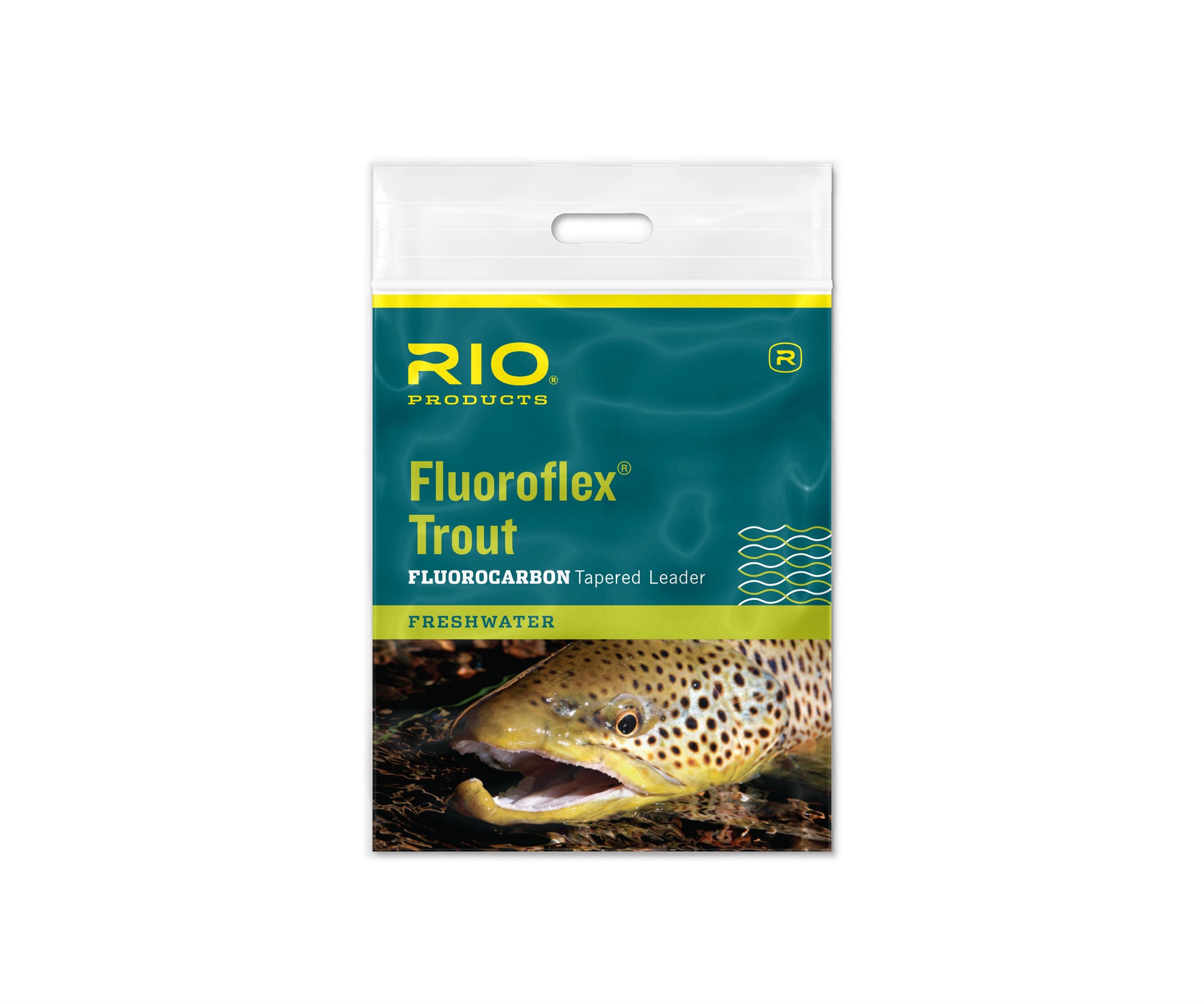 Rio Fluoroflex Leader packaging showing fluorocarbon trout leader for clear water and stealthy freshwater fly fishing casts