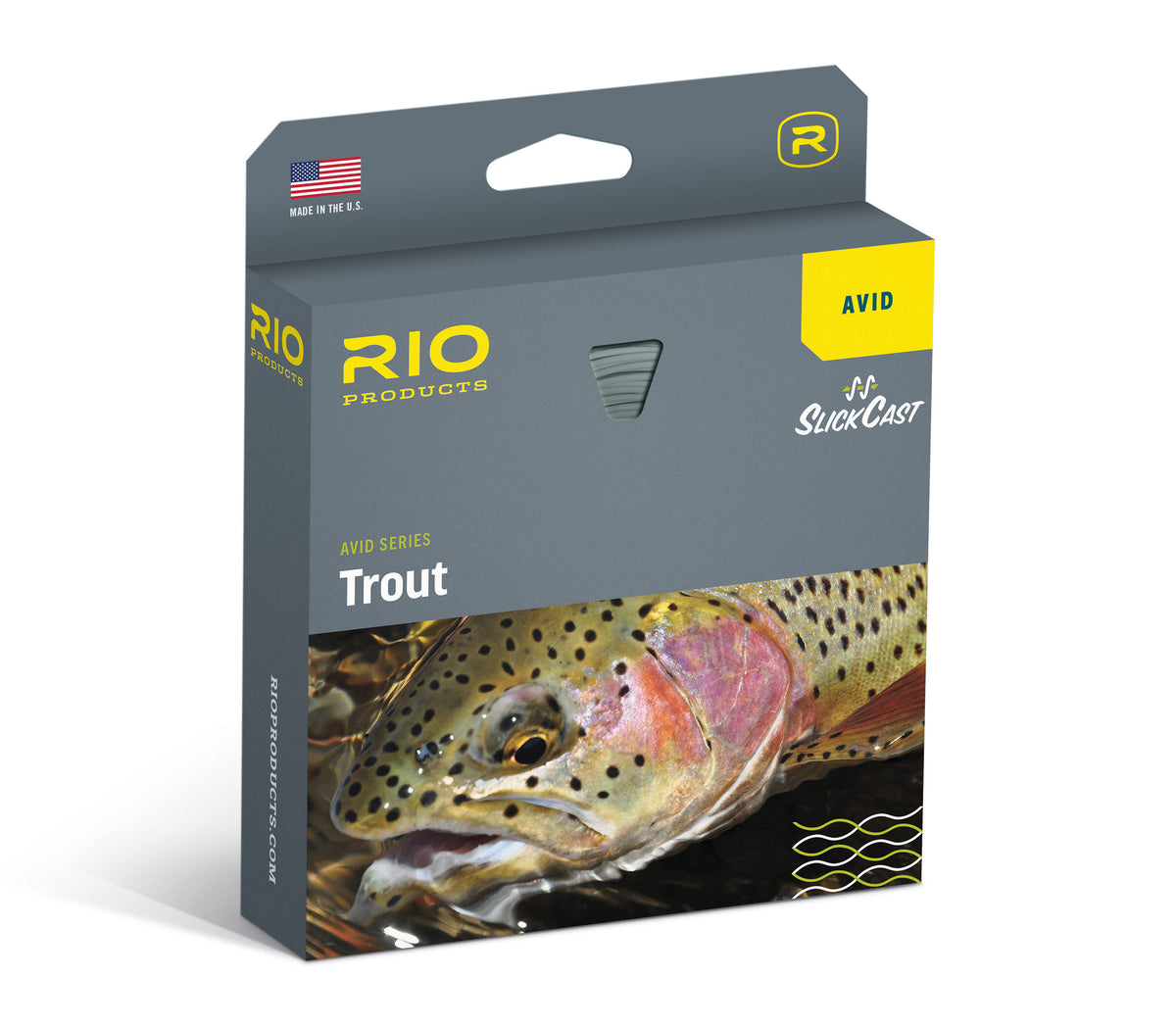 Rio Avid Trout Fly Line packaging featuring trout image and SlickCast technology for smooth freshwater fly fishing casts