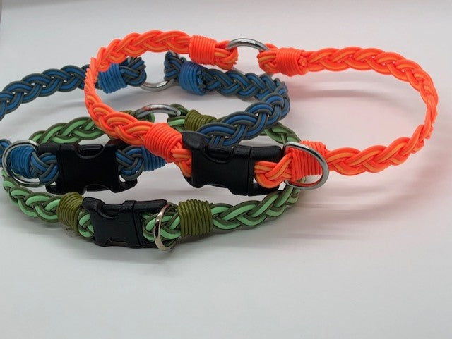 Flyvines Dog Collar braided waterproof design in orange, blue, and green with durable buckle at Freestone Fly Shop