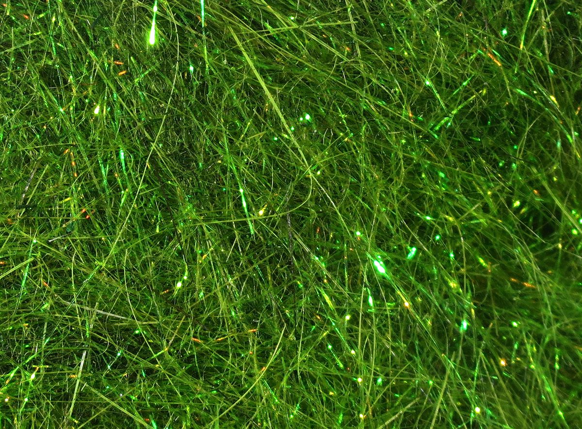 Hare's Ice Dub fibers in vibrant green shade with iridescent strands for detailed fly tying at Freestone Fly Shop