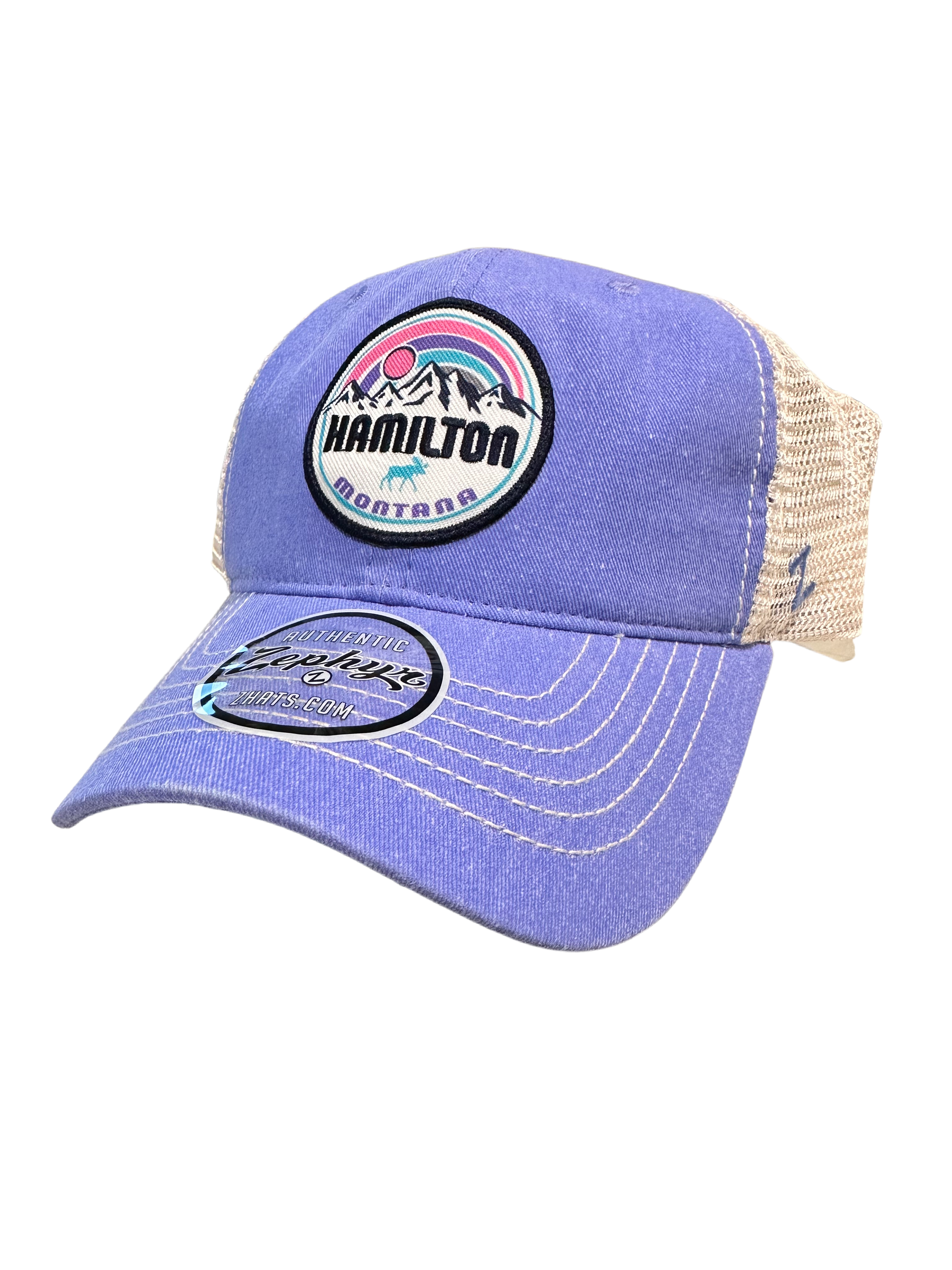Zephyr Low Pro Wash Trucker - Mtns/Moose in purple with mesh back by BlueLakeshirts Inc. for fishing apparel