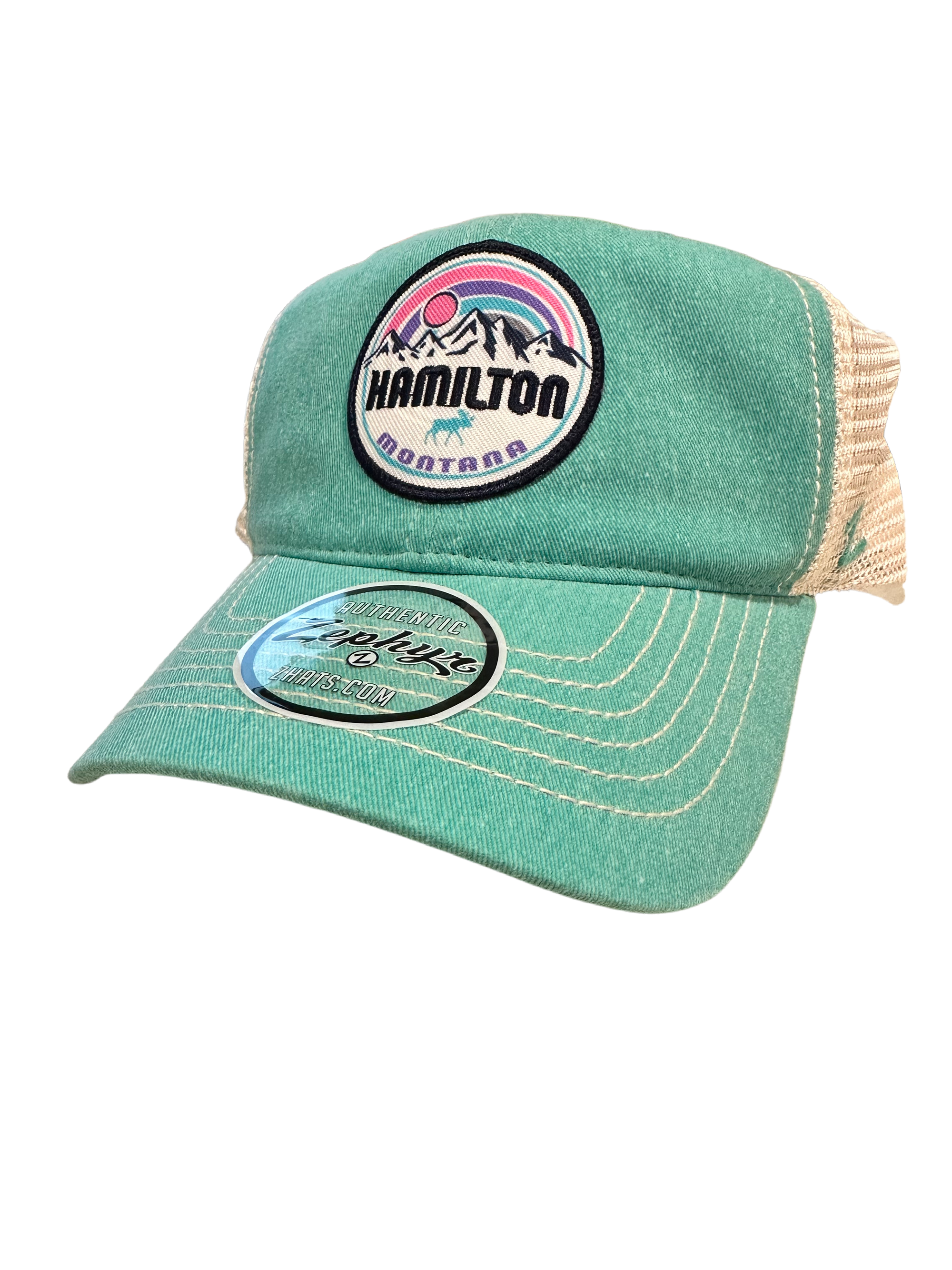Zephyr Low Pro Wash Trucker - Mtns/Moose in green with mesh back by BlueLakeshirts Inc. for fishing apparel