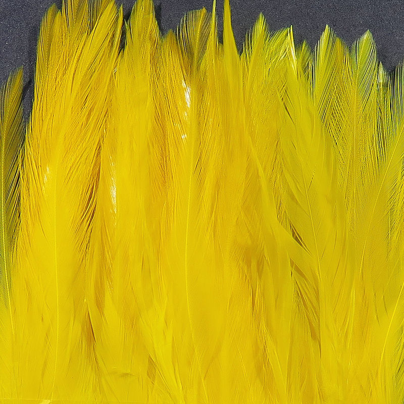 Strung Chinese 5-7 inch Saddle feathers in bright yellow by Hareline Dubbin, Inc for fly tying at Freestone Fly Shop
