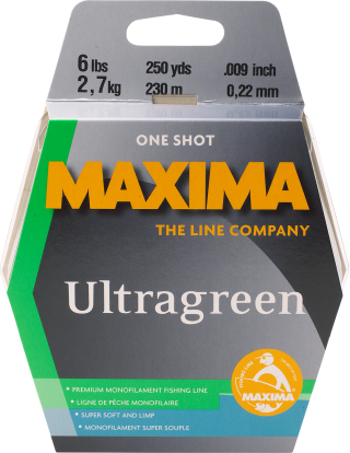 Maxima Ultragreen premium monofilament fishing line with exceptional strength and superior knot performance for all water conditions