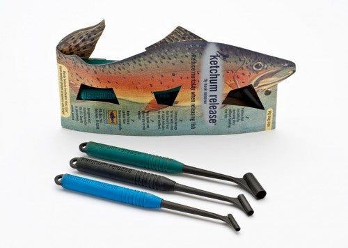 Ketchum Release Big Bug tools with ergonomic handles and fish-shaped packaging for efficient fly fishing hook removal